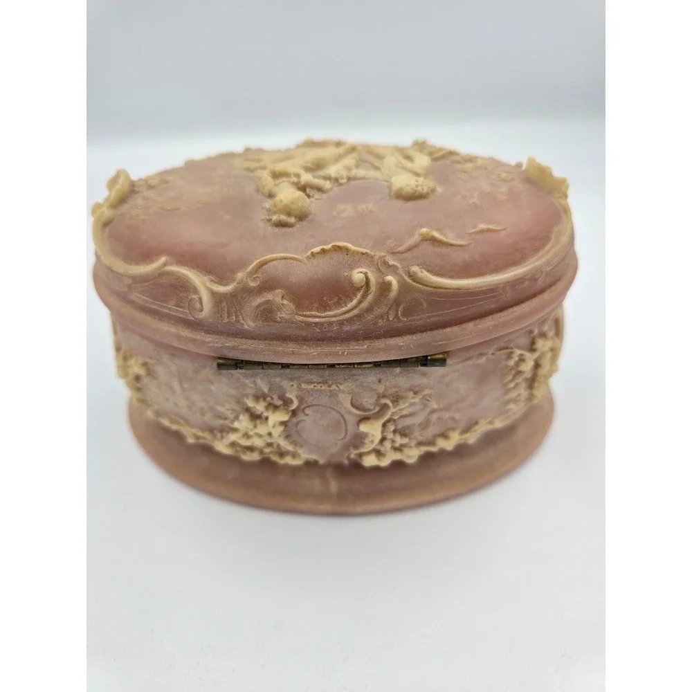 Vintage Incolay Stone Pink Box Victorian Scene Handcrafted USA Jewelry Floral